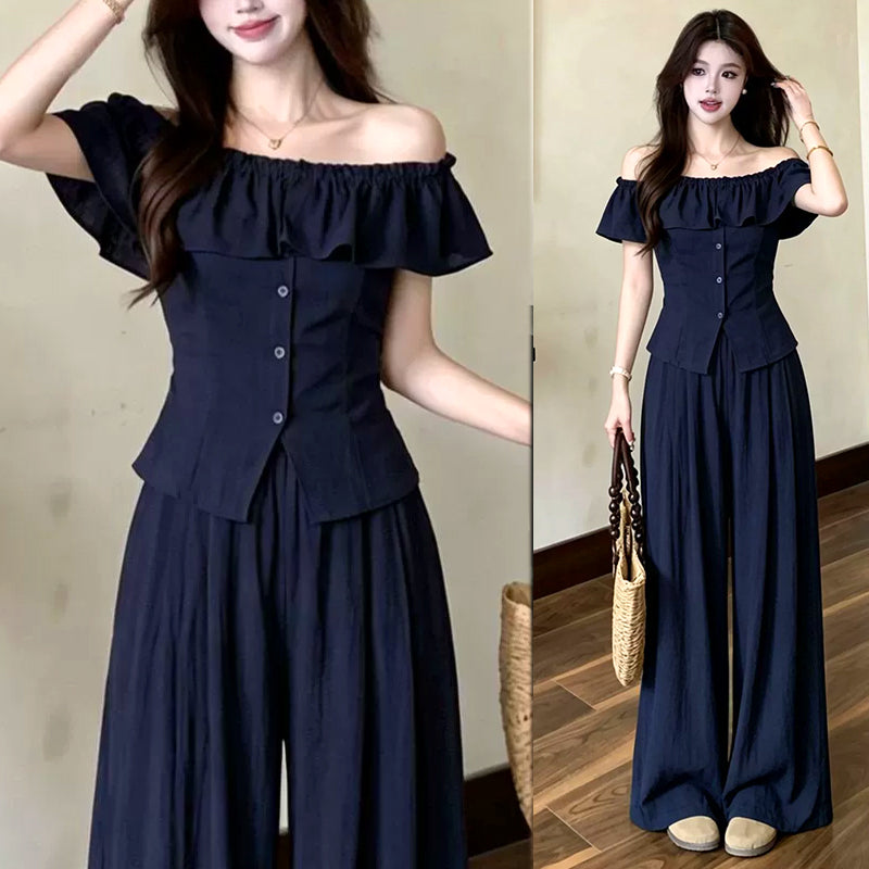 大きいサイズ レディース 夜凪ネイビー・美ラインワイドパンツセットアップ(M/L/LL/3L/4L/5L/6L)