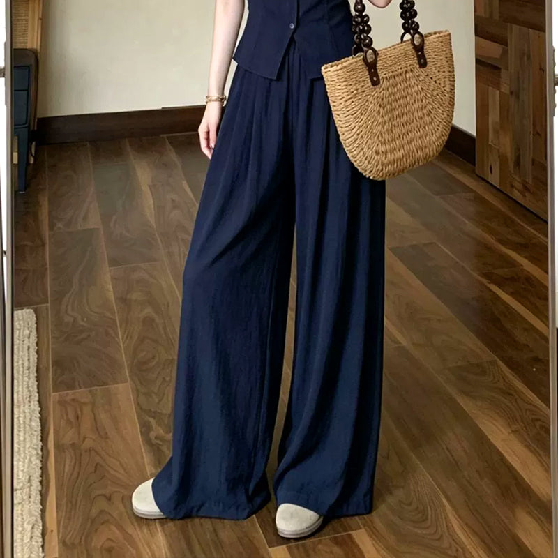 大きいサイズ レディース 夜凪ネイビー・美ラインワイドパンツセットアップ(M/L/LL/3L/4L/5L/6L)