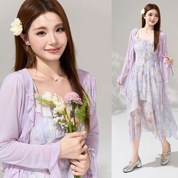 大きいサイズ レディース 月花しずくのシフォンキャミワンピースセットアップ(LL/3L/4L/5L/6L)