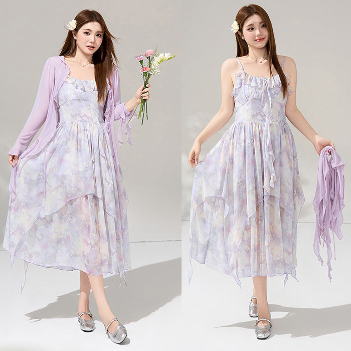 大きいサイズ レディース 月花しずくのシフォンキャミワンピースセットアップ(LL/3L/4L/5L/6L)