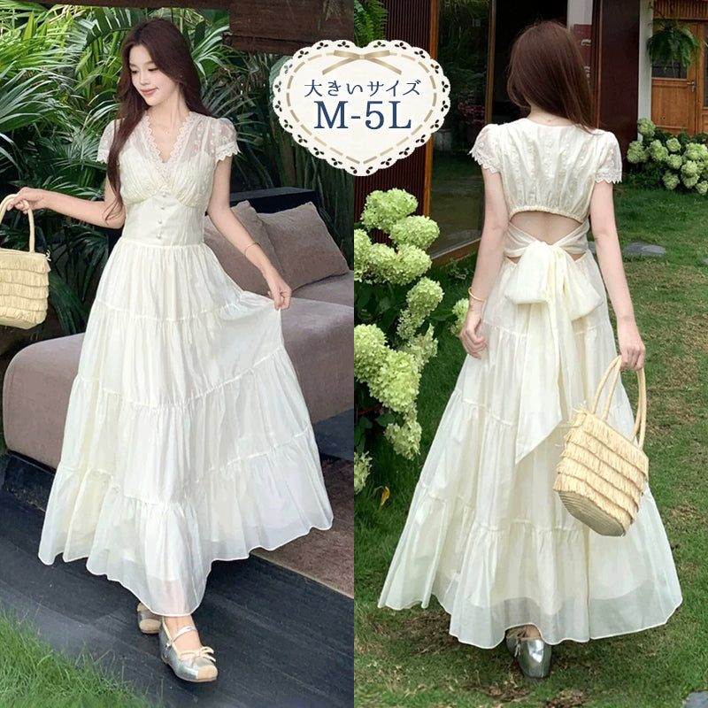 大きいサイズ レディース アイボリーレースティアードバックリボンドレス(M/L/LL/3L/4L/5L/6L)