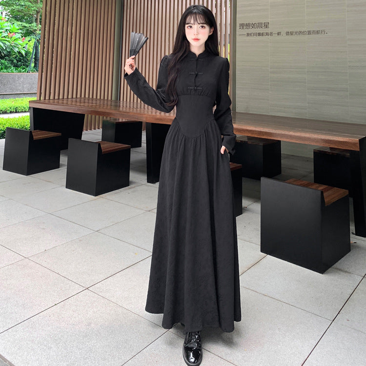 大きいサイズ レディース ウエストシェイプ・チャイナ黒ロングワンピース(L/LL/3L/4L/5L)