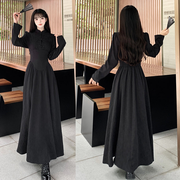 大きいサイズ レディース ウエストシェイプ・チャイナ黒ロングワンピース(L/LL/3L/4L/5L)