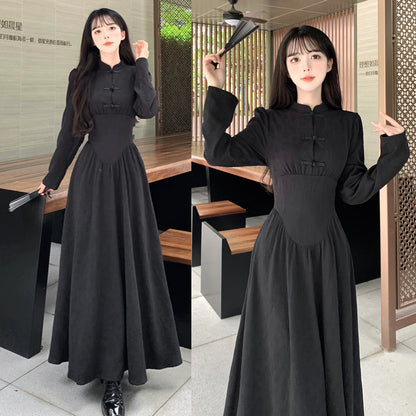 ウエストシェイプ・チャイナ黒ロングワンピース(L/LL/3L/4L/5L)