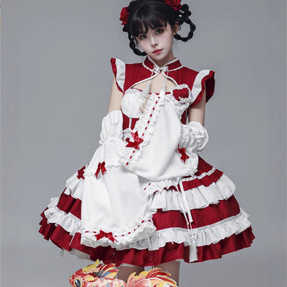 Black Lolita Chinese Maid Costume Set (M/L/LL/3L/4L/5L/6L)/Cosplay
