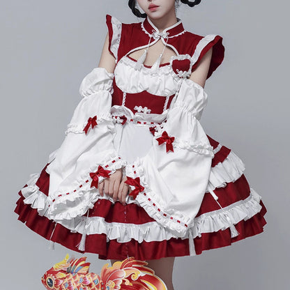 Black Lolita Chinese Maid Costume Set (M/L/LL/3L/4L/5L/6L)/Cosplay