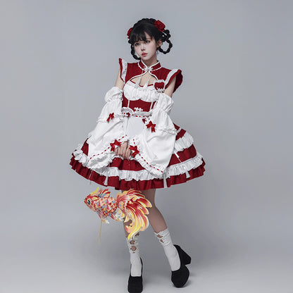 Black Lolita Chinese Maid Costume Set (M/L/LL/3L/4L/5L/6L)/Cosplay