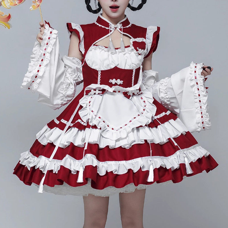 Black Lolita Chinese Maid Costume Set (M/L/LL/3L/4L/5L/6L)/Cosplay