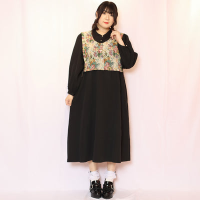 ゴブランフェイクベストワンピース（ワンサイズ/3L-4L-5L相当)/Taberunosky（タベルノスキー）