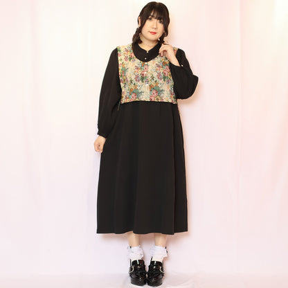 大きいサイズレディースゴブランフェイクベストワンピース（ワンサイズ/3L-4L-5L相当)/Taberunosky（タベルノスキー）