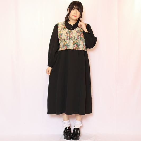 大きいサイズレディースゴブランフェイクベストワンピース（ワンサイズ/3L-4L-5L相当)/Taberunosky（タベルノスキー）