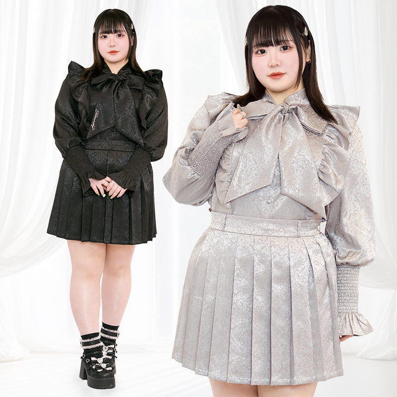 大きいサイズレディースジャガードフリルブラウス＆プリーツスカートのセットアップ(4L/5L/6L)/Taberunosky（タベルノスキー）