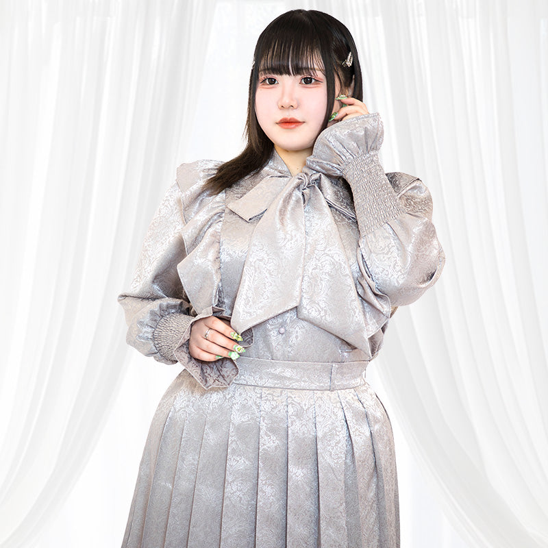 大きいサイズレディースジャガードフリルブラウス＆プリーツスカートのセットアップ(4L/5L/6L)/Taberunosky（タベルノスキー）