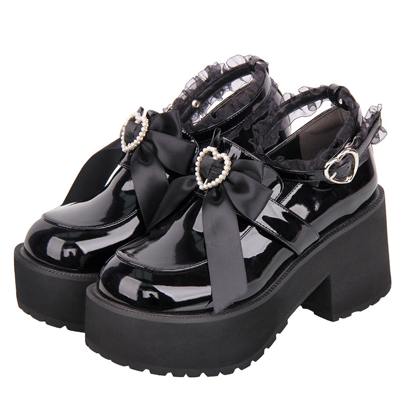 [Orders up to 30cm accepted] ■ Black cat ribbon pearl heart platform shoes