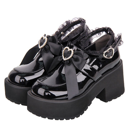 [Orders up to 30cm accepted] ■ Black cat ribbon pearl heart platform shoes