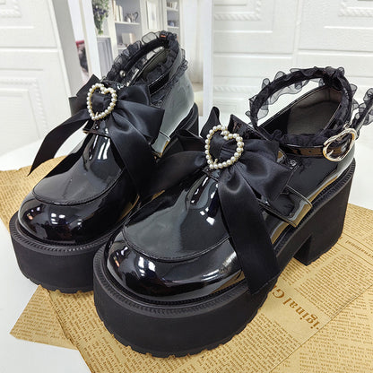 [Orders up to 30cm accepted] ■ Black cat ribbon pearl heart platform shoes
