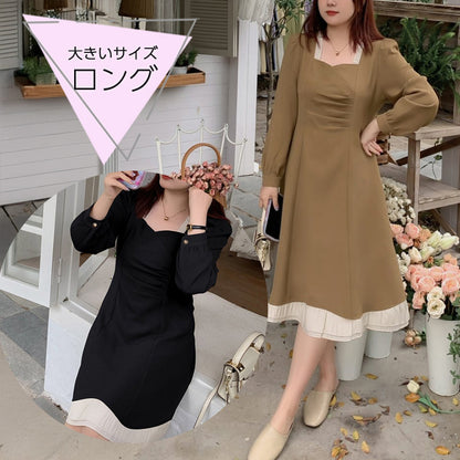 ハートラインネックの長袖フリルロングワンピース(LL/3L/4L/5L/6L)