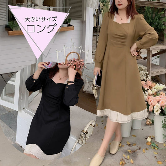 ハートラインネックの長袖フリルロングワンピース(LL/3L/4L/5L/6L)