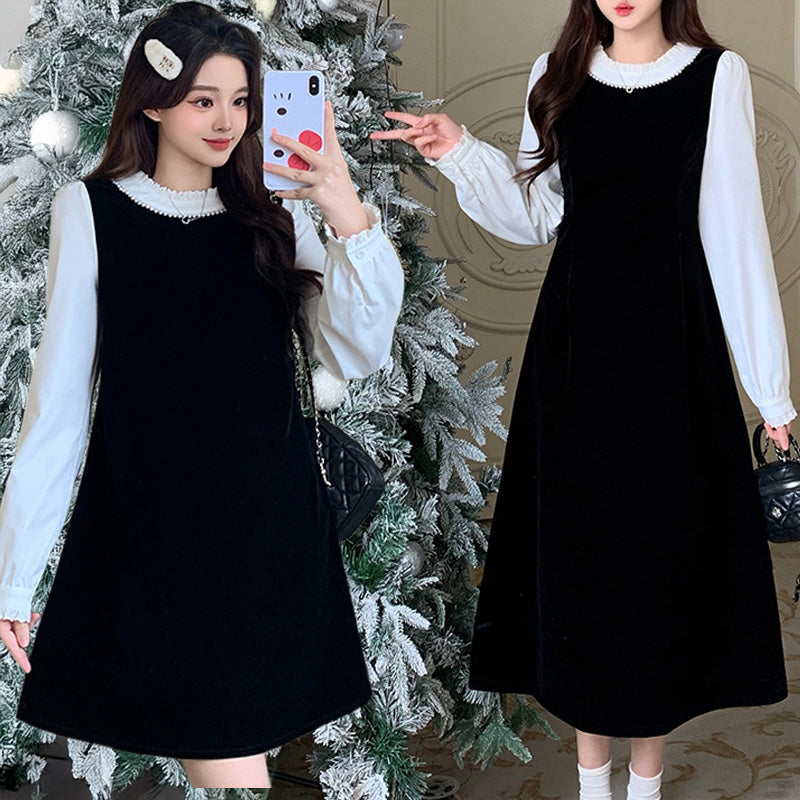 【新品・大きいサイズ 3L】　カラルス　デザインチュールトップス ワンピース　黒 セール】〔Callarus〕デザインチュールトップス＋ロング丈ワンピース