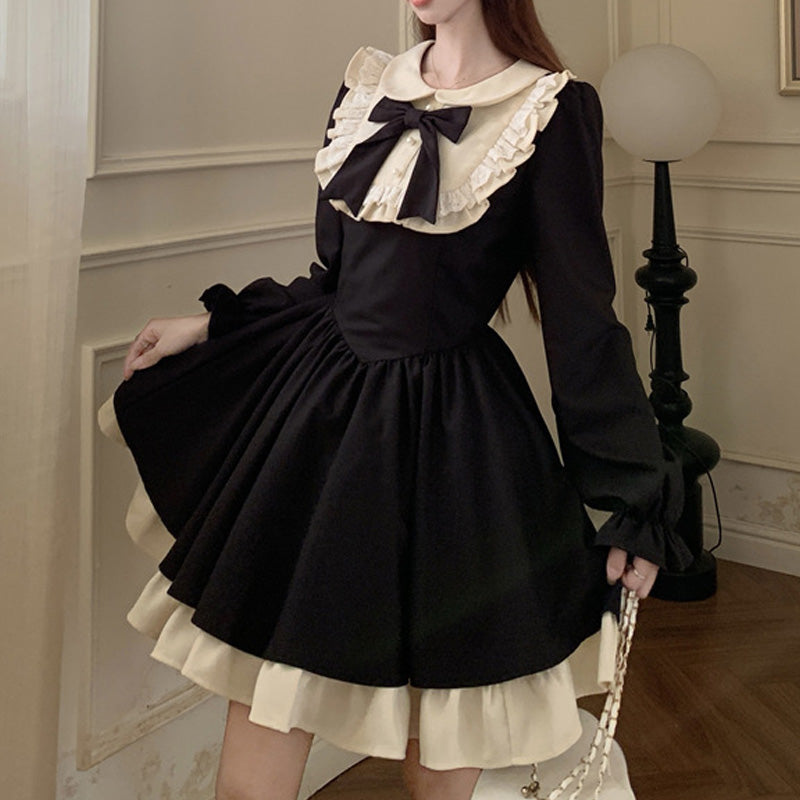 大きいサイズ レディース ノクターンリボン・地雷系フレアワンピース(L/LL/3L/4L/5L)