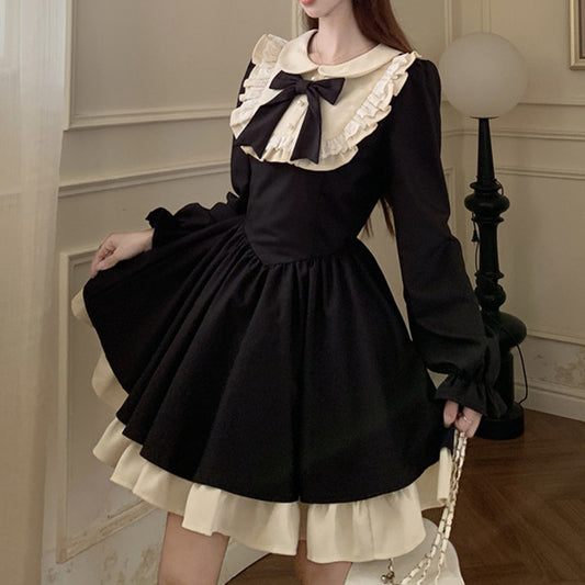 ノクターンリボン・地雷系フレアワンピース(L/LL/3L/4L/5L)