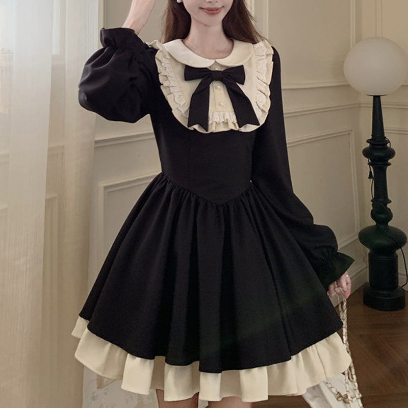 大きいサイズ レディース ノクターンリボン・地雷系フレアワンピース(L/LL/3L/4L/5L)