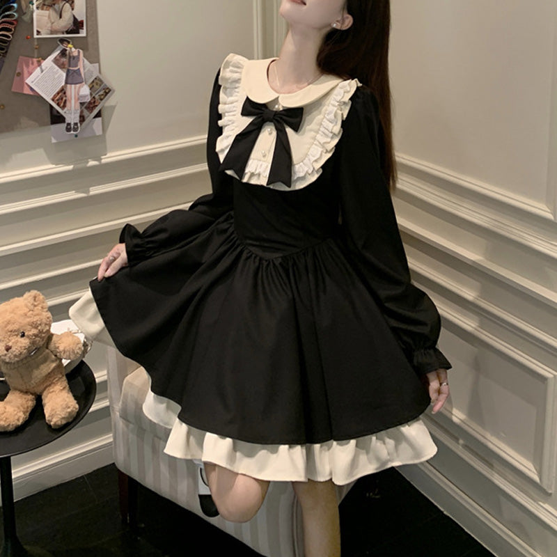 大きいサイズ レディース ノクターンリボン・地雷系フレアワンピース(L/LL/3L/4L/5L)