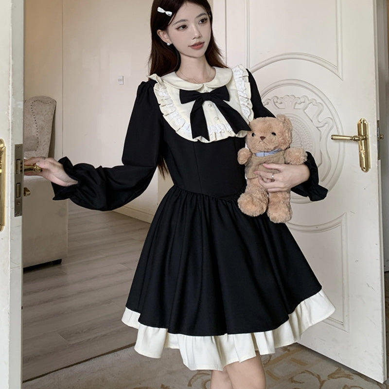 大きいサイズ レディース ノクターンリボン・地雷系フレアワンピース(L/LL/3L/4L/5L)