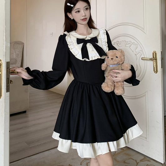 ノクターンリボン・地雷系フレアワンピース(L/LL/3L/4L/5L)