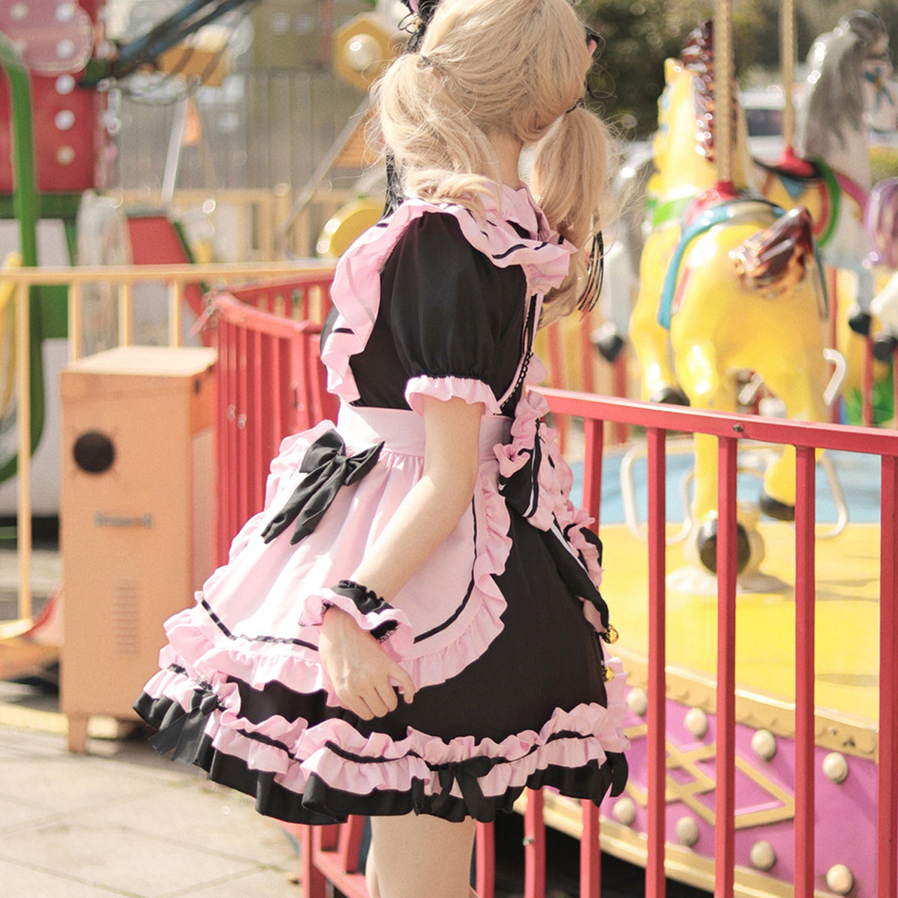 大きいサイズ レディース Pink♡Black Landmine-chan Frill Maid Dress (M/L/2L/3L/4L/5L/6L) / Cosplay / Halloween