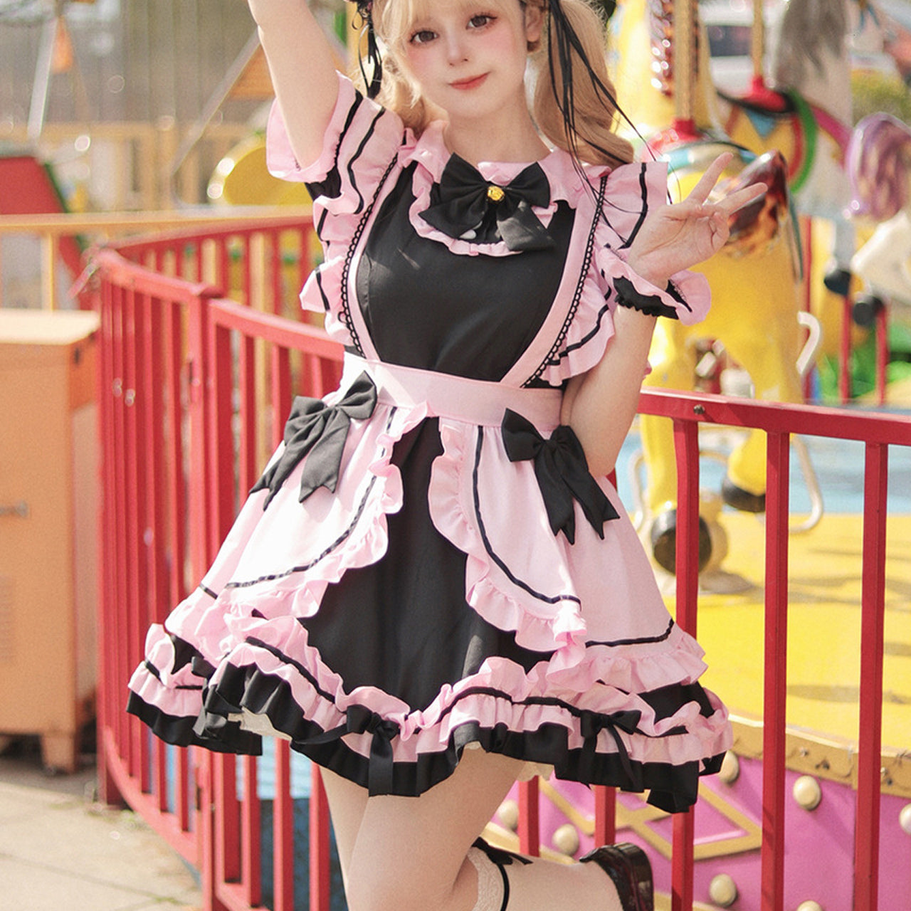 大きいサイズ レディース Pink♡Black Landmine-chan Frill Maid Dress (M/L/2L/3L/4L/5L/6L) / Cosplay / Halloween