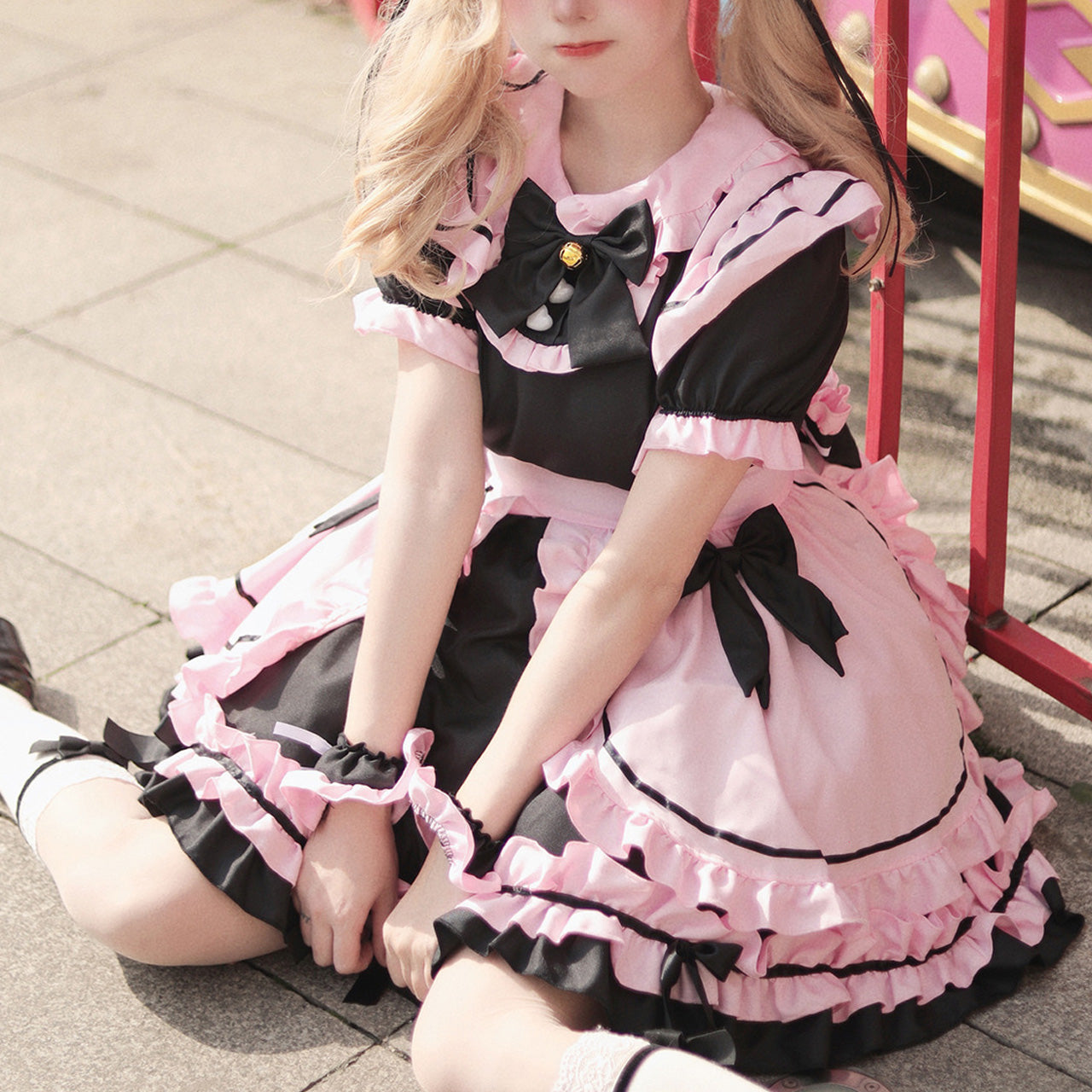 大きいサイズ レディース Pink♡Black Landmine-chan Frill Maid Dress (M/L/2L/3L/4L/5L/6L) / Cosplay / Halloween