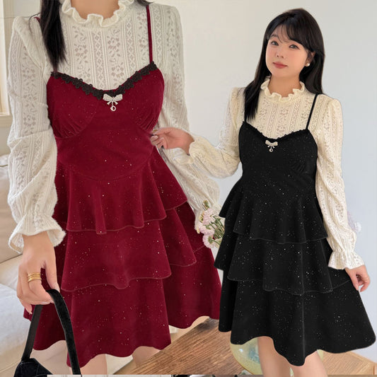 スパークルヴェール・レイヤードキャミワンピセット(LL/3L/4L/5L)