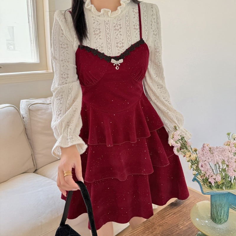 大きいサイズ レディース スパークルヴェール・レイヤードキャミワンピセット(LL/3L/4L/5L)