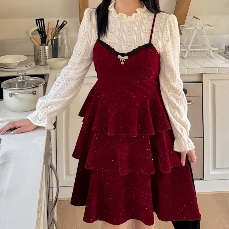 大きいサイズ レディース スパークルヴェール・レイヤードキャミワンピセット(LL/3L/4L/5L)