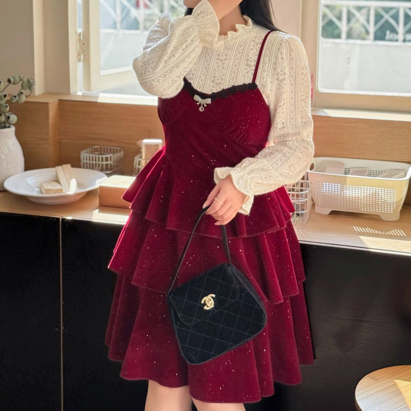 大きいサイズ レディース スパークルヴェール・レイヤードキャミワンピセット(LL/3L/4L/5L)