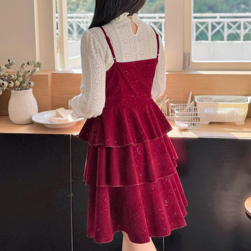 大きいサイズ レディース スパークルヴェール・レイヤードキャミワンピセット(LL/3L/4L/5L)