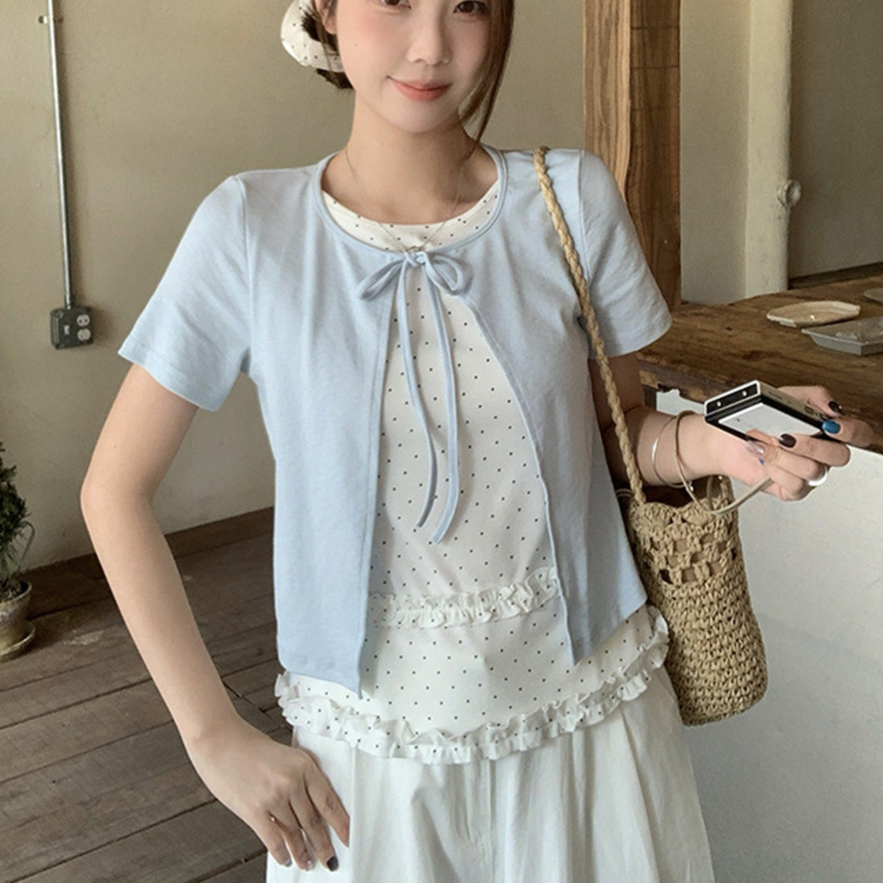 大きいサイズ レディース ドットフリルの重ね着風リボントップス (L/LL/3L/4L/5L)