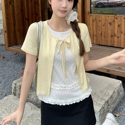 ドットフリルの重ね着風リボントップス (L/LL/3L/4L/5L)