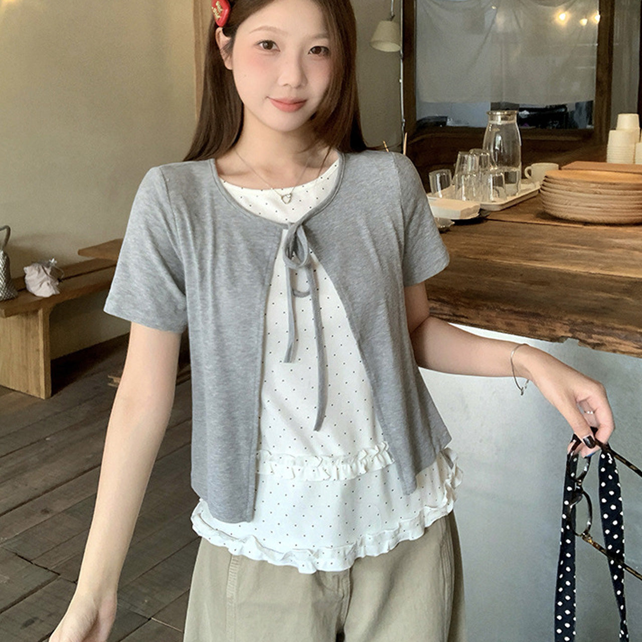 大きいサイズ レディース ドットフリルの重ね着風リボントップス (L/LL/3L/4L/5L)