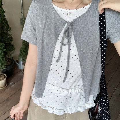 ドットフリルの重ね着風リボントップス (L/LL/3L/4L/5L)