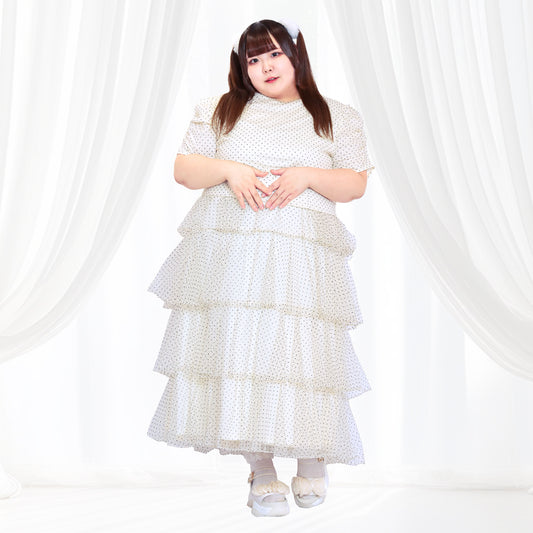 イヴォワール・ドットチュール・バック大きいサイズ　リボンティアードセットアップ（3L/4L/5L/6L）/Taberunosky（タベルノスキー）６Lサイズモデル着用　ホビ垢　