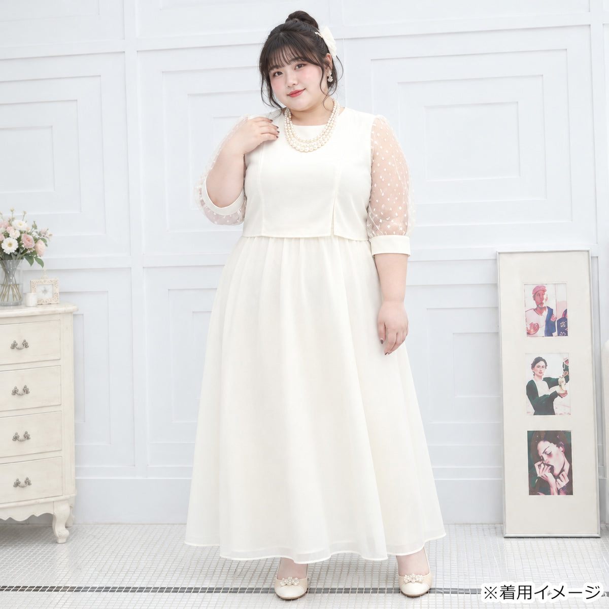 Champagne white elegant dress with chiffon sleeves (sizes 3L, 4L, 5L, and 6L) for occasions and weddings