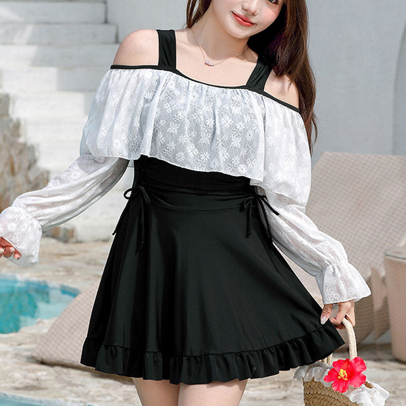 大きいサイズ レディース 黒モノトーンリボンのフェミニンスイム水着ドレス(4L/5L/6L/7L/8L/9L)