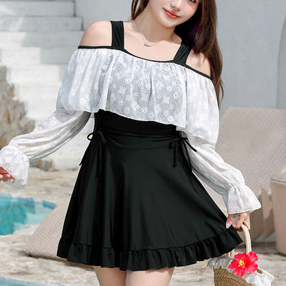 黒モノトーンリボンのフェミニンスイム水着ドレス(4L/5L/6L/7L/8L/9L)