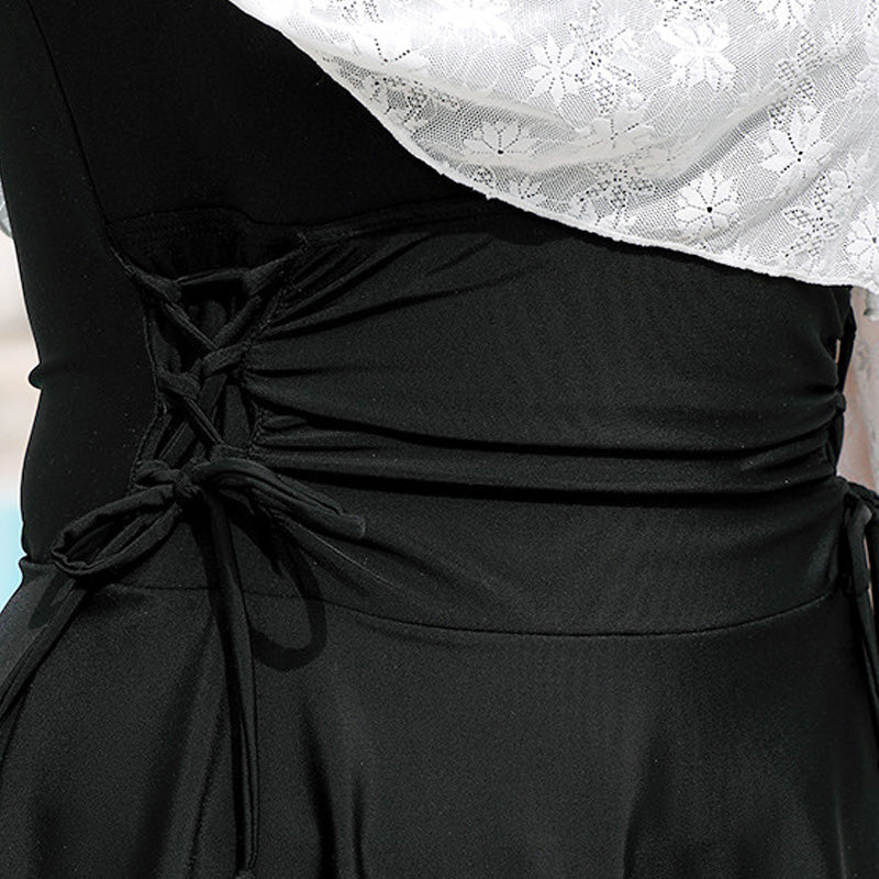 大きいサイズ レディース 黒モノトーンリボンのフェミニンスイム水着ドレス(4L/5L/6L/7L/8L/9L)