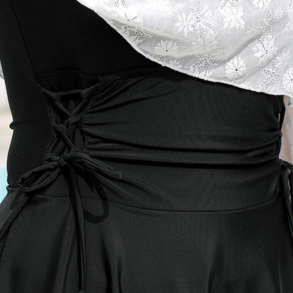 黒モノトーンリボンのフェミニンスイム水着ドレス(4L/5L/6L/7L/8L/9L)