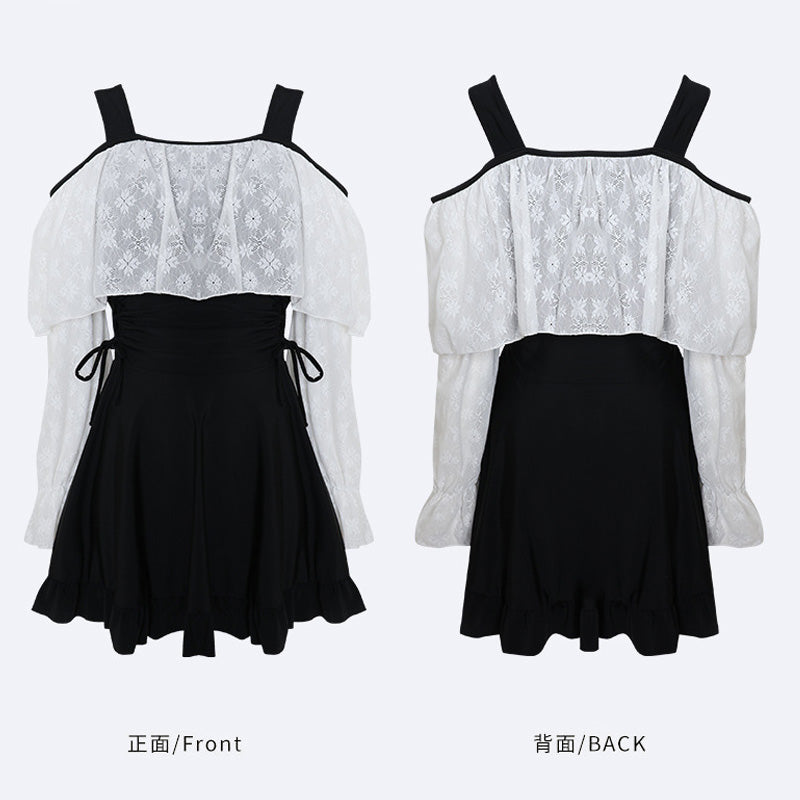 大きいサイズ レディース 黒モノトーンリボンのフェミニンスイム水着ドレス(4L/5L/6L/7L/8L/9L)