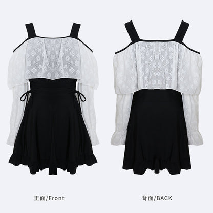 黒モノトーンリボンのフェミニンスイム水着ドレス(4L/5L/6L/7L/8L/9L)