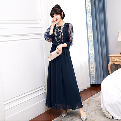 シフォン袖のブルーマリン・エレガンスドレスワンピース(3L/4L/5L/6L)オケージョン/結婚式